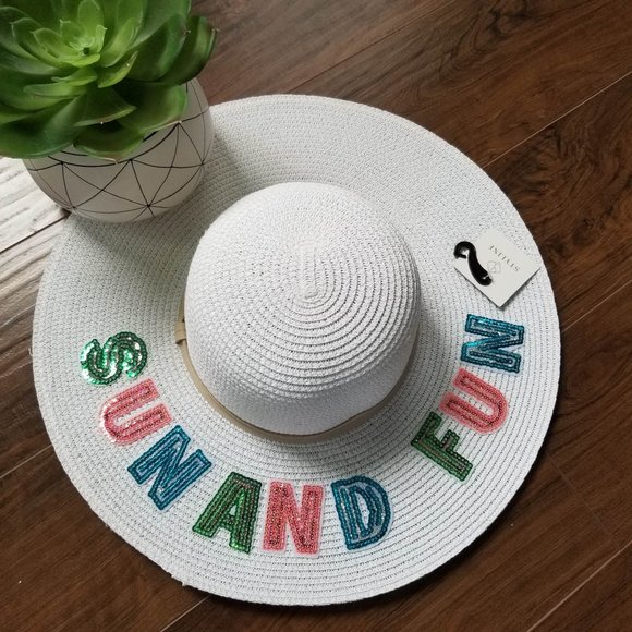 Straw Sun Hat. White. Colorful Sequin Letters, Sun and Fun. NWT - Picture 4 of 5